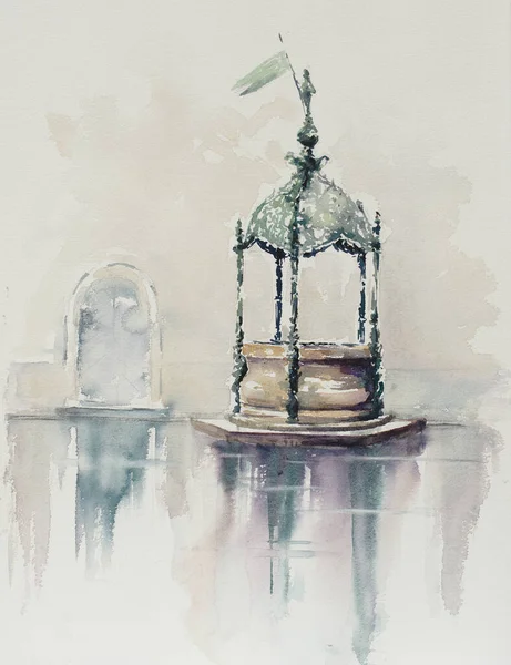 Minimalist Illustration Old Ornate Metal Well Picture Painted Watercolors — Zdjęcie stockowe