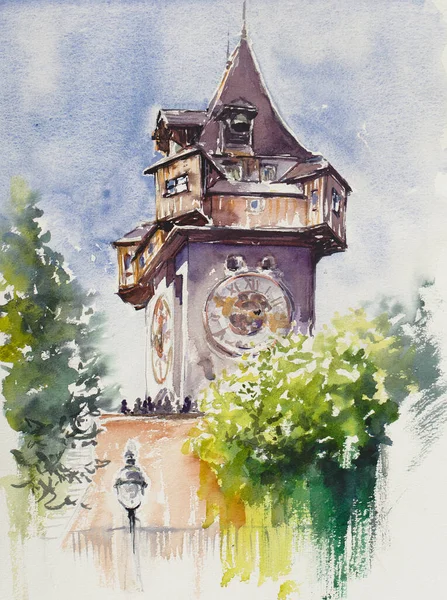 View Landmark Medieval Clock Tower Downtown Graz Austria Picture Created — Stok fotoğraf