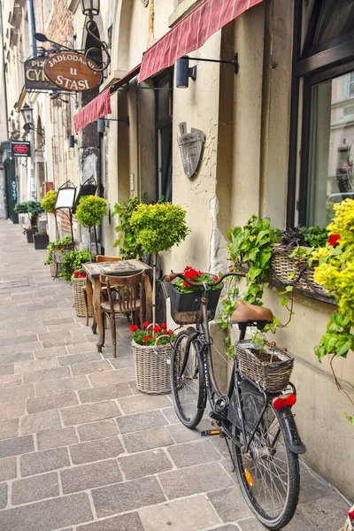 クラクフ ポーランド 2021年6月8日 赤い花が飾られたレトロスタイルの自転車とバスケット店のエントリ Kazimierzの通りクラクフの歴史地区 — ストック写真