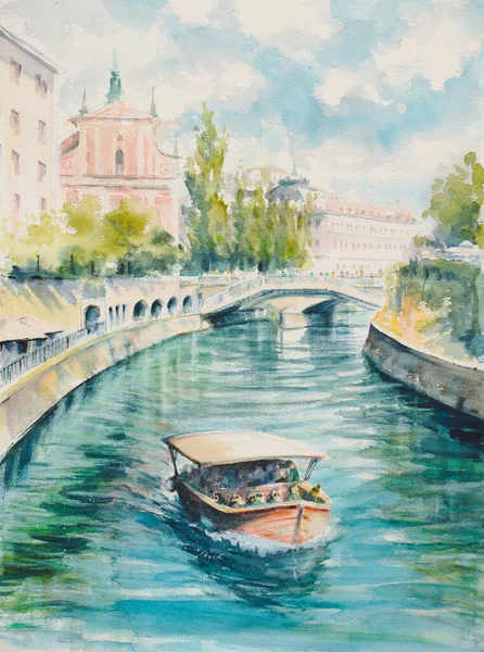 Triple Bridge Tromostovje Ljubljanici River Central Ljubljana Picture Painted Watercolors — Stock Photo, Image
