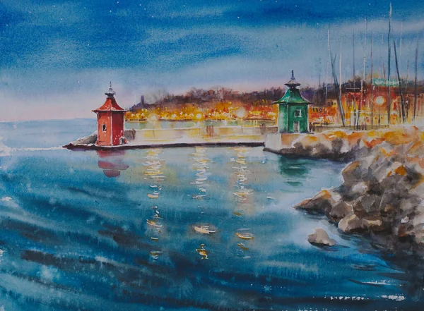 View City Piran Night Slovenia Adriatic Sea Picture Created Watercolors — Stock Photo, Image
