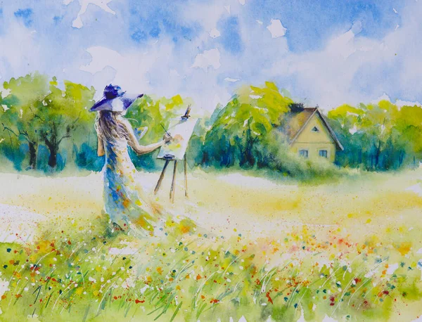 美しい田園風景を描く帽子を持つ女性 草原の空気中に牧草地 家や森 水彩で描いた絵 — ストック写真