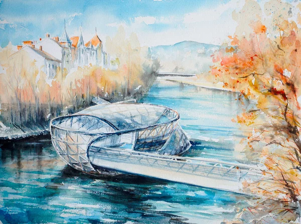 オーストリアのダウンツングラーツのミュリンセル川の人工島Murの眺め 紙に水彩で描いた絵 — ストック写真