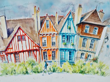 Vannes 'in tarihi merkezinde renkli evler, Morbihan' dan ayrılan ortaçağ kıyı kasabası, Brittany, Fransa. Resim suluboya ile oluşturuldu.