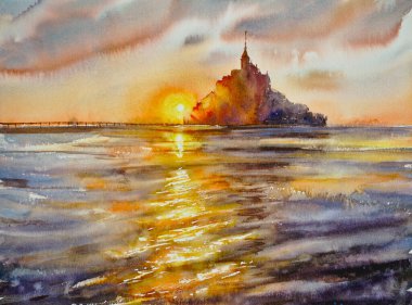 Fransa 'nın Normandiya kentindeki Le Mont Saint-Michel' in tarihi günbatımı manzarası. Resim suluboya ile oluşturuldu.