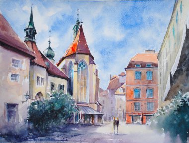 Franziskanerplatz. Eski şehrin bir parçası. Meydanı ve kilisesi var. Graz, Styria, Avusturya. Resim suluboya ile oluşturuldu.