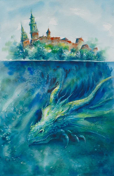 ドラゴン 洗練された都市のシンボルヴィスワ川の水の中にWawel城の下で眠ってクラクフ 水彩で描いた絵 — ストック写真