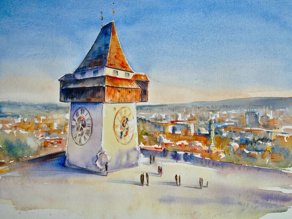 Stadsgezicht Van Graz Beroemde Klokkentoren Grazer Uhrturm Heuvel Shlossberg Graz — Stockfoto