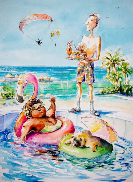夏のシーン エキゾチックな休日 夫婦は熱帯で休暇を取っている プールで犬と一緒に泳ぐ女性は 紳士は飲み物を提供しています 水彩で描かれたイラスト — ストック写真