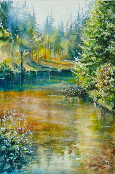 Eredeti Akvarellfestés Nyári Erdő Háttérben Gondolatok Színes Vízben — Stock Fotó