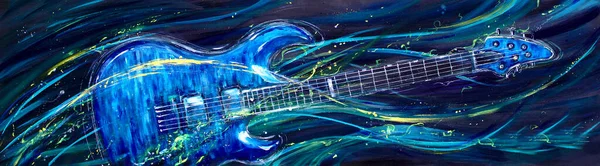 摘要蓝色电吉他丙烯酸涂料 背景中五彩缤纷的波浪象征着音乐 — 图库照片