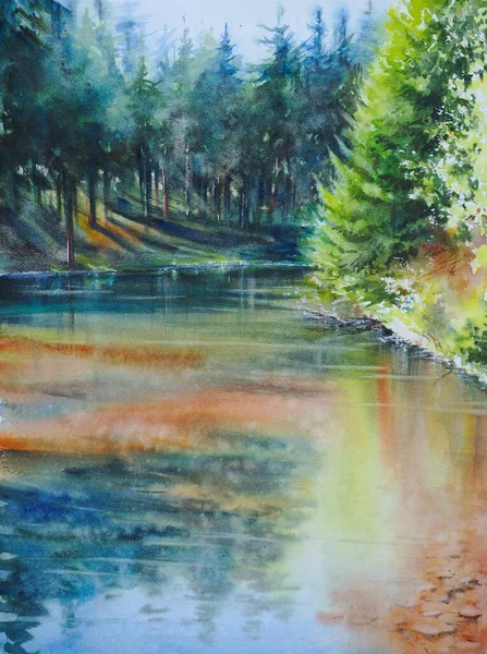 Originele Aquarelverf Zomer Bos Achtergrond Reflecties Kleurrijk Water Stockfoto