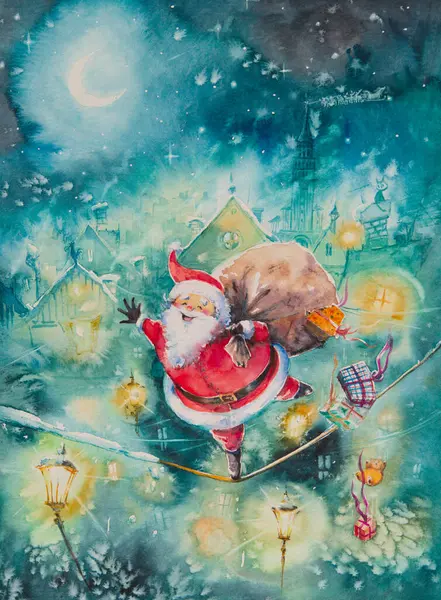 Święty Mikołaj Balansuje Drucie Środku Zimowej Nocy Ręcznie Malowane Ilustracja — Zdjęcie stockowe