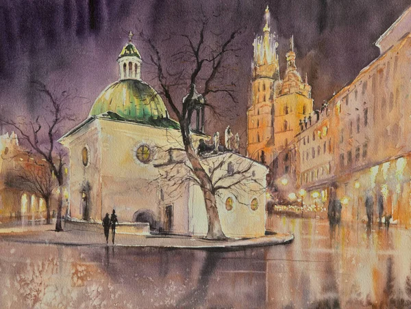 Krakow Ana Meydanı'nda St Wojciech Kilisesi. Krakow, Malopolskie, Polonya. Resim suluboya ile oluşturulan