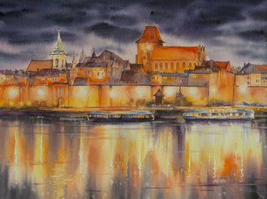 Güzel şehir gece manzarası. Polonya 'nın Vistula Nehri üzerindeki Torun kentinin eski binaları. Suluboya.