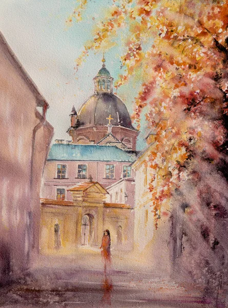 Autumn Watercolors Painting Poselska Street Krakow Poland — Stock Photo, Image