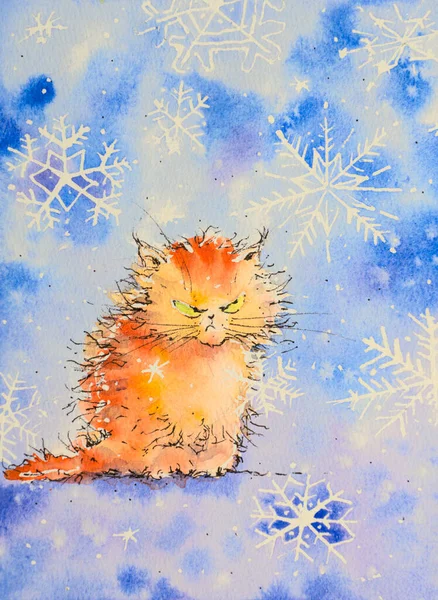 Angry Red Cat Snowflakes Background Illustration Created Watercolors — Stock Photo, Image