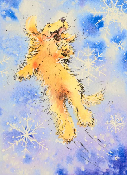 Happy Dog Jumping Dog Playing Snowflakes Picture Created Watercolors Stock Picture