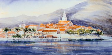 Hırvatistan 'ın Dalmaçya kentinin Korcula adası, yazları mavi gökyüzü ve bulutlarla kaplı güzel güneşli bir günde tarihi Korcula kasabasının güzel manzarası. Resim suluboya ile oluşturuldu.