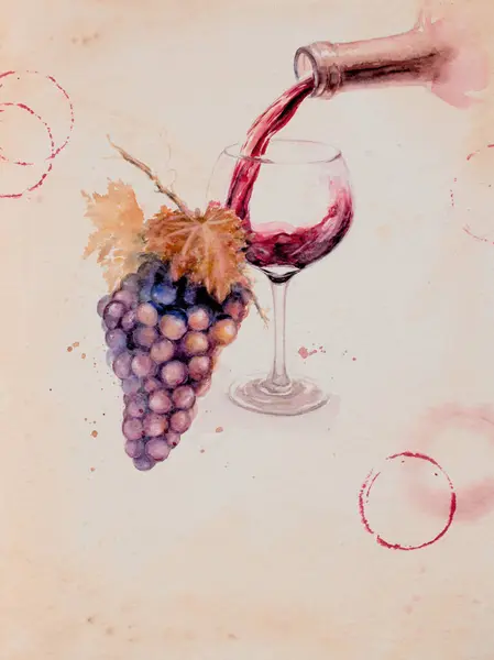 Bir Bardak Kırmızı Şarabın Suluboya Çizimi Bir Demet Üzüm Sanatsal - Stok İmaj