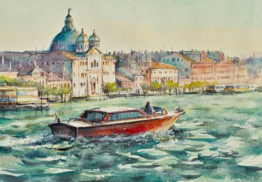 Venedik, İtalya ve Avrupa 'nın ana taşımacılığıdır. Yazın Venedik 'in ana kanalı, suluboya boyayla boyanmış..