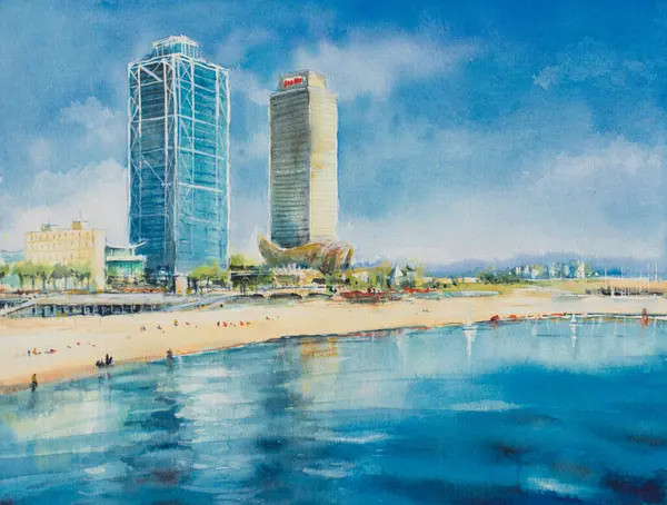 Watercolors Painted View Somorrostro Beach Barcelona Spain Europe — Stock Photo, Image