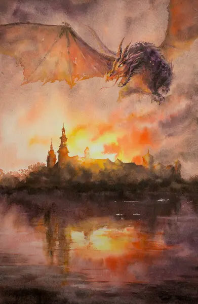 燃えている城の上を飛ぶドラゴンとの幻想的なシーン ウォーターカラーで作成した写真 ロイヤリティフリーのストック写真
