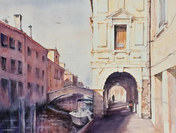 Канал Старом Городе Кьоджа Италия Европа Изображение Создано Акварелью Стоковая Картинка