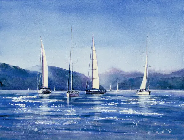 Summer Landscape Sea Sailboats Mountains Background Picture Painted Hand Watercolors Stock Photo