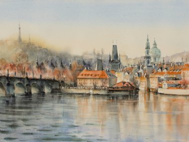 Prag Kalesi, St. Vitus Katedrali ve Vltava Nehri 'nin orijinal suluboya resimleri, Bohemya, Çek Cumhuriyeti
