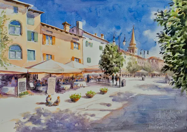 Prag Kalesi, St. Vitus Katedrali ve Vltava Nehri 'nin orijinal suluboya resimleri, Bohemya, Çek Cumhuriyeti