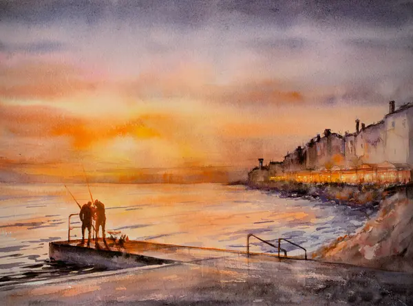 Piran 'daki sahil şeridinde gün batımı manzarası. Piran, Slovenya 'nın başlıca turistik merkezlerinden biri olan Piran, Slovenya. Resim suluboya ile oluşturuldu. 