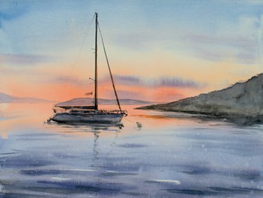 Yat marinada gün batımına karşı. Resim suluboya ile oluşturuldu