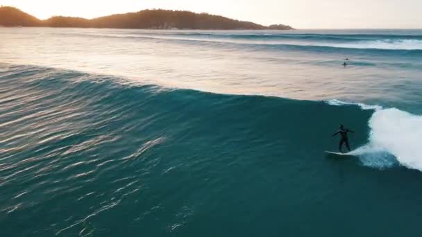 Flygfoto Surfaren Som Rider Vågen Brasiliens Atlantkust Med Surfare Vattnet — Stockvideo