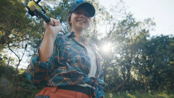 Woman Angler River Portrait Young Woman River Fishing Rod — Stock Photo, Image
