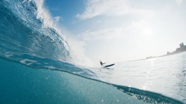 Girl Surfer Rides Wave Woman Surfs Ocean Wave Maldives Falls — Stock Photo, Image