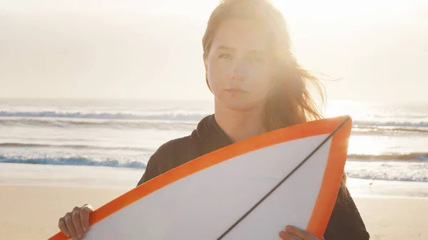 Woman Surfer Stands Surfing Board Tropical Beach Portrait Arrogant Female — Stock Photo, Image