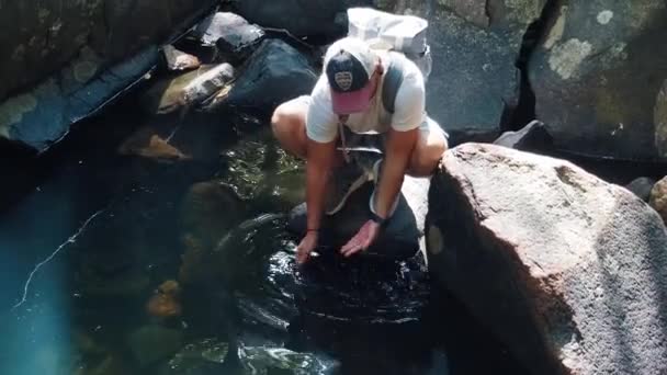 Joven Excursionista Refresca Lago Del Bosque — Vídeos de Stock