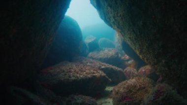 Suyun altındaki mağarada. Kamera kayaların altında hareket ediyor.