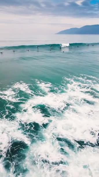 空中でサーフィン サーファーは列に並んで波を待ち 周りを漕ぐ — ストック動画