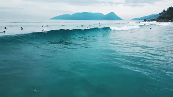空中でサーフィン サーファーは列に並んで波を待ち 周りを漕ぐ — ストック動画