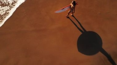 Kadın sörfçü havası, yukarıdan aşağıya doğru. Bikinili genç sörfçü kadının kumlu mükemmel plajda sörf tahtasıyla yürüyüşünün havadan görüntüsü.