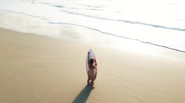Seksi sörfçü havası. Bikinili genç sörfçü kadının kumlu mükemmel plajda sörf tahtasıyla yürüyüşünün havadan görüntüsü.