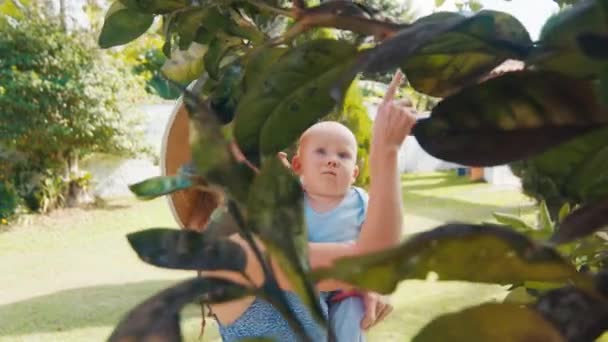 Bebé Pequeño Explora Jardín Verde Árbol Con Madre — Vídeos de Stock