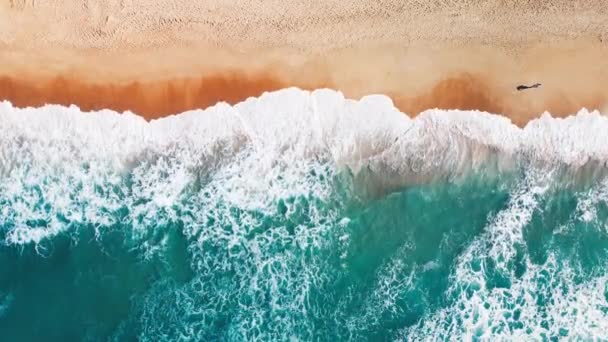 Aerial Top View Sandy Beach Crushing Waves — Stock Video