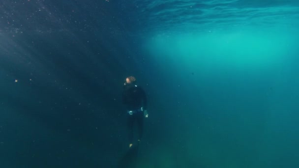 Free Diver Swims Underwater Murky Sea Ascends Freediver Swimming Underwater — Stock Video
