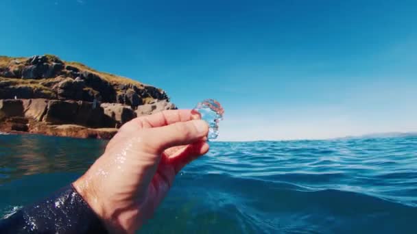 Person Holds Part Jellyfish Invisible Water Gets Out Water — Stock Video