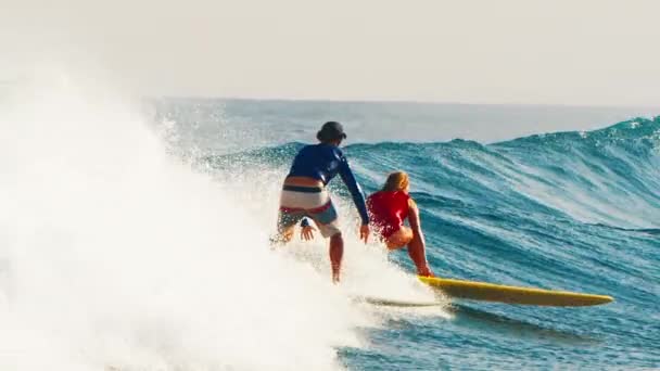Dişi Sörfçü Gün Batımında Maldivler Sörf Yapar Arkasında Başka Bir — Stok video