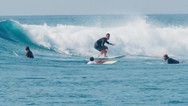 初心者サーファーはモルディブの波をサーフィンし 別のライダーのために落ちる — ストック動画