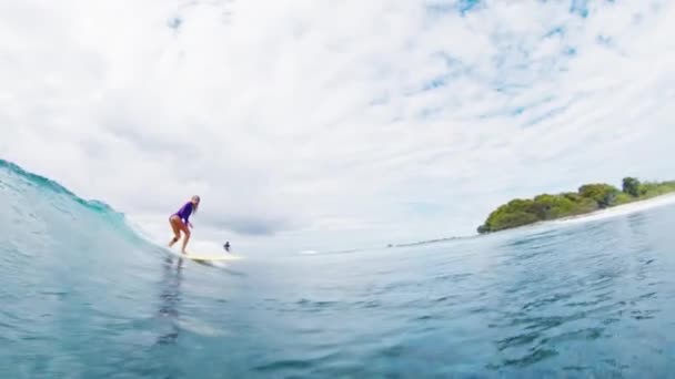 Surfista Femenina Monta Ola Las Maldivas — Vídeos de Stock